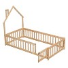 Gulches Twin House-Shaped Headboard Floor Bed with Fence ,Natural - 3 of 4