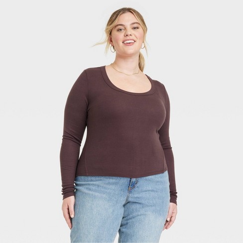 Women's Long Sleeve Ribbed Scoop Neck T-Shirt - Universal Thread™ Brown 4X