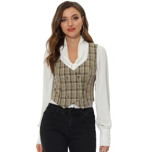 Allegra K Women's Plaid Vintage Steampunk Waistcoat Suit Vest - 1 of 4