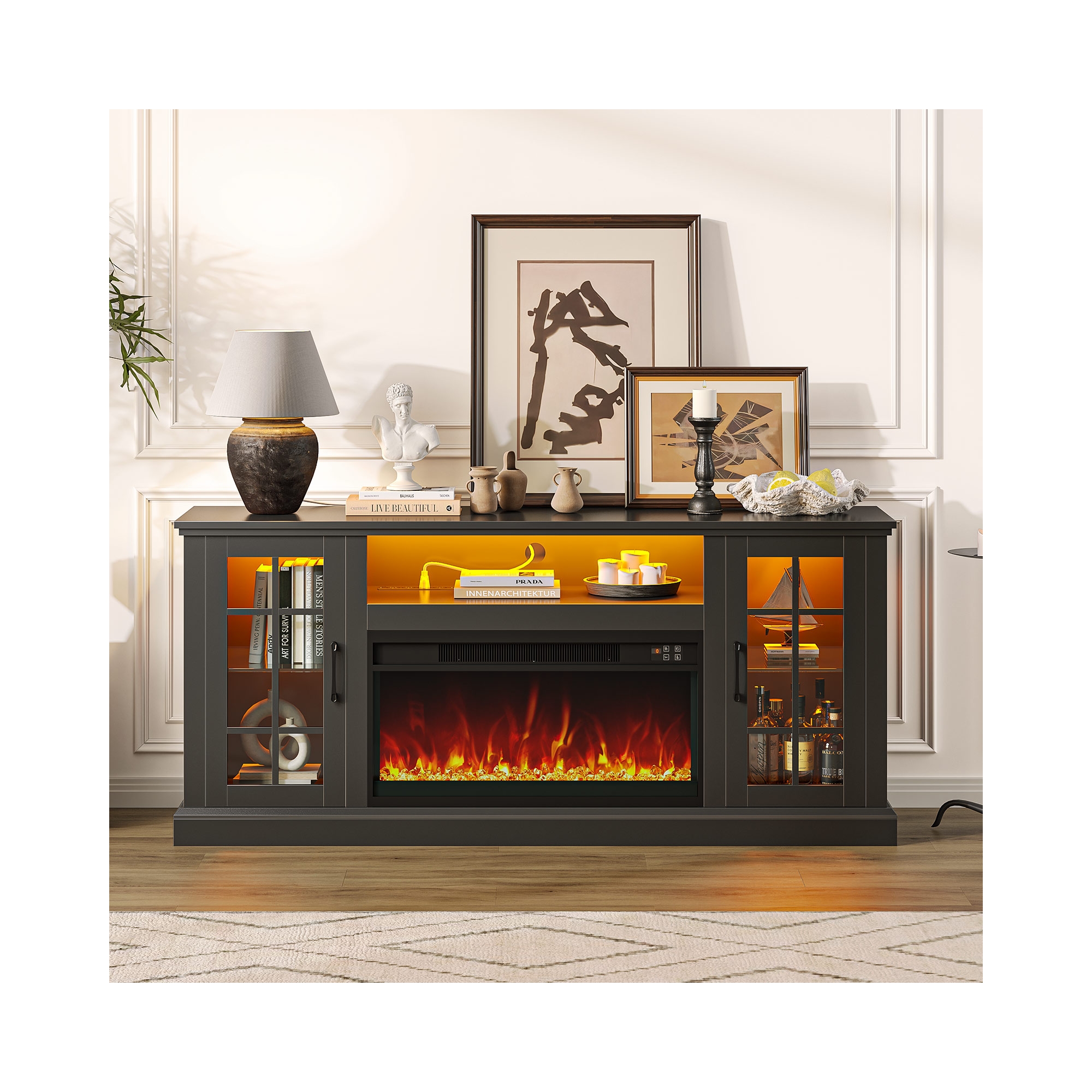 Greenstell The TV cabinet features a fireplace, two cabinet doors, an open storage space, LED lights, and a charging outlet, Black