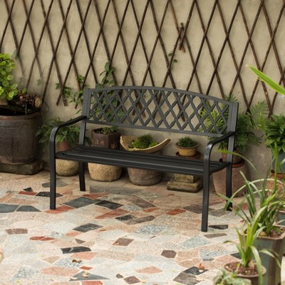 Black Steel Outdoor Garden Bench with Cast Iron Backrest