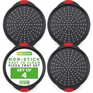 NutriChef 14.8" 4-Piece Non-Stick Perforated Pizza Tray with Silicone Handle Carbon Steel NCBPIZ1X4 - 1 of 4
