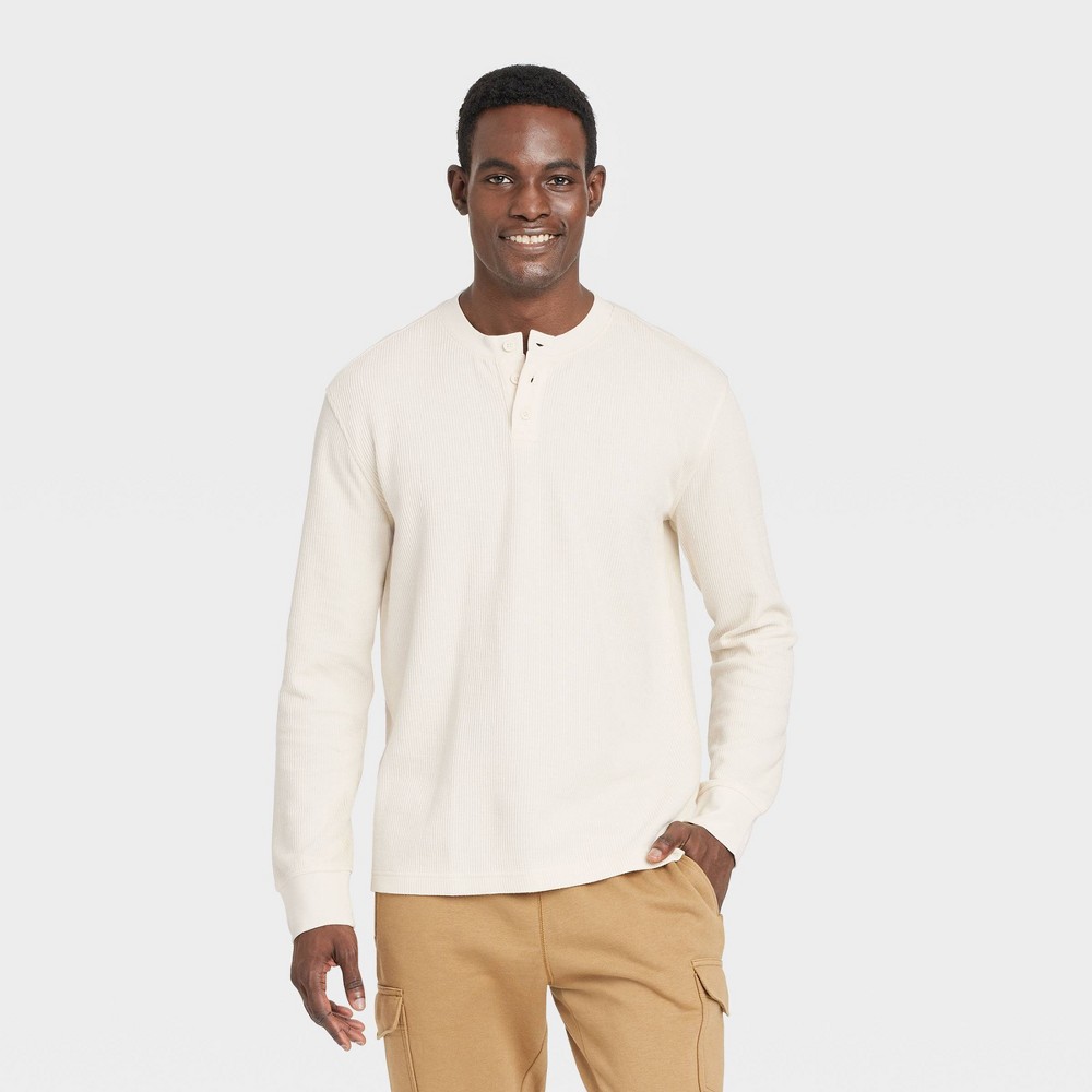 Men's Long Sleeve Textured Henley T-Shirt - Goodfellow & Co™ Ivory XXL: Cotton Blend, Recycled Polyester, Regular Fit, Pullover Style