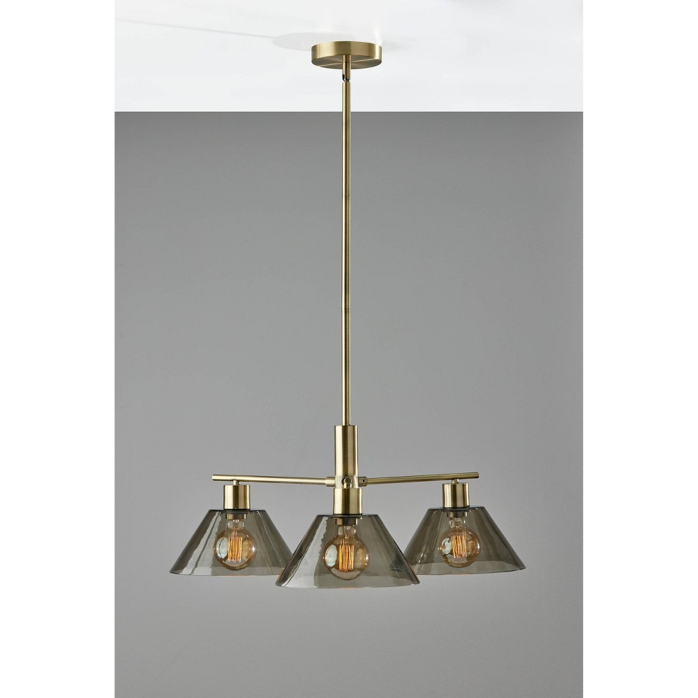 3-Light Zoe Chandelier Antique Brass - Adesso: Vintage Style, Adjustable Height, Smoked Glass Shades