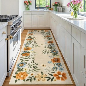 Floral Runner Rug Washable Rug, Non-Slip Non-Shedding Kitchen Carpet, Low Pile Stain-Resistant Foldable Soft - 1 of 4