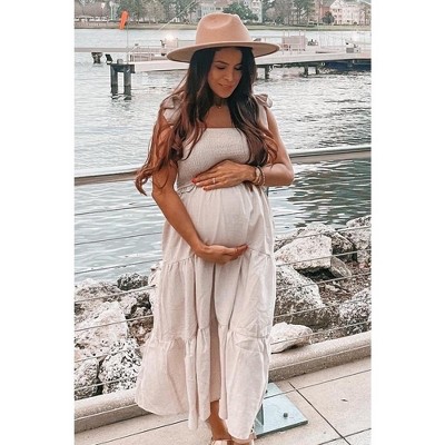 Pinkblush Beige Bow Strap Tiered Maternity Midi Dress