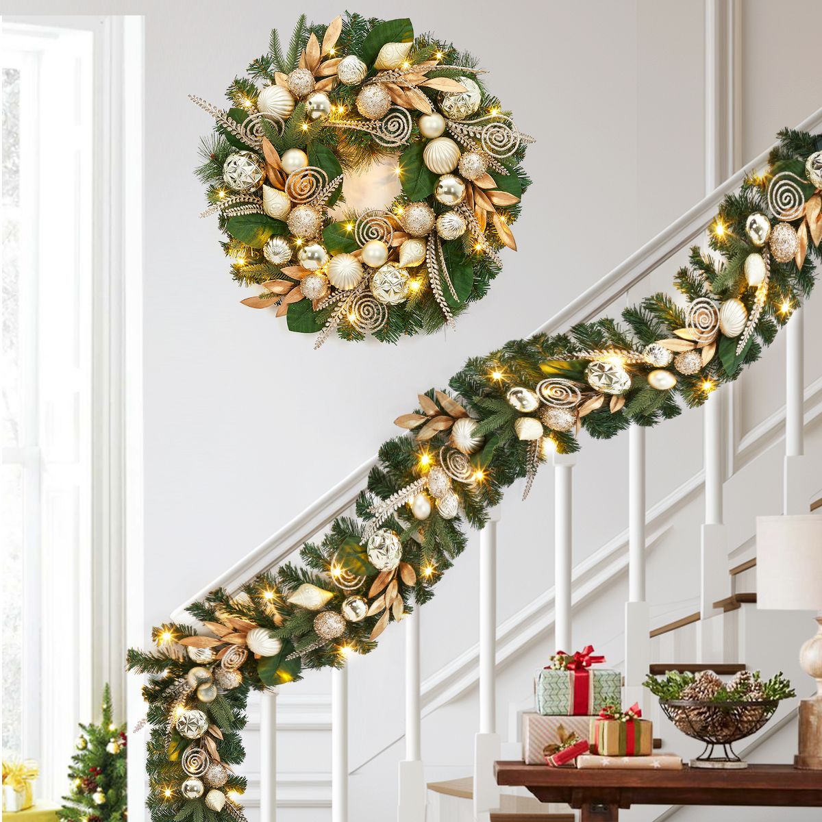Garvee 6Ft Gold Christmas Garland with Gold Leaves & Ornaments - Modern Minimalist Artificial Pine Garland for Mantel, Staircase Holiday Decor - thumbnail 6