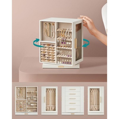 Cloud White MDF Rotating Jewelry Box with Glass Window and Velvet Lining