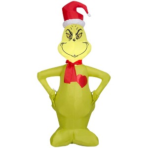 Grinch Christmas Airblown Inflatable w/Heart and Santa Hat Dr. Seuss, 4 ft Tall, Multi - 1 of 4