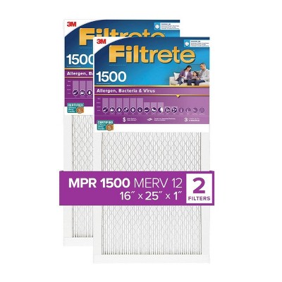 Filtrete 16x25x1 2pk Allergen Bacteria and Virus Air Filter 1500 MPR: Furnace Filter, MERV 12, Electrostatic, 3-Month Use