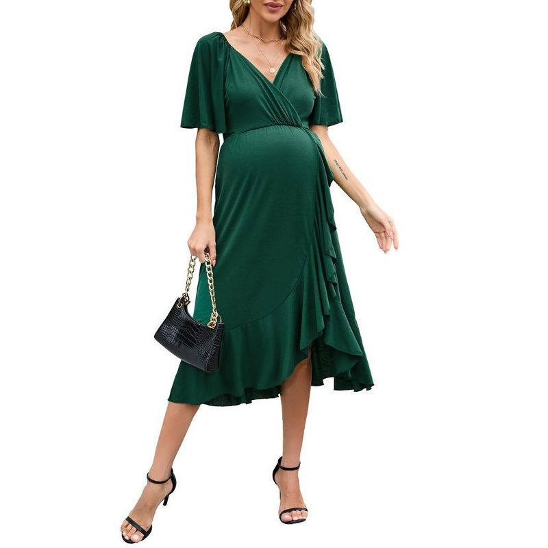 Maternity Dress V Neck Summer Wrap Ruffle Sleeve Pregnancy Midi Dresses Photoshoot, 1 of 8