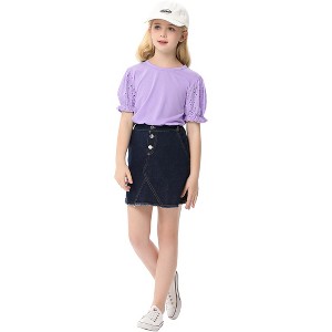 Girls' Ruffle Puff Sleeve Blouse Short Hollow Out Sleeve T-Shirt Round Neck Solid Casual Top - 1 of 4