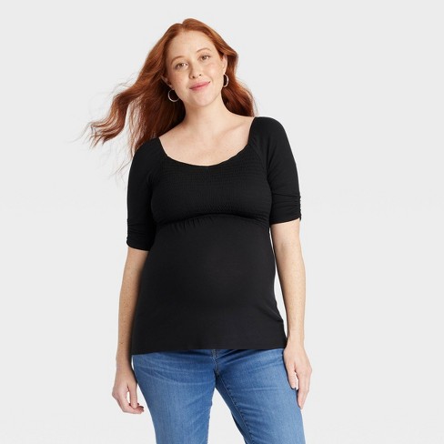 Elbow Sleeve V-neck Smocked Maternity Shirt - Isabel Maternity By Ingrid & Isabel™  Black Xs : Target