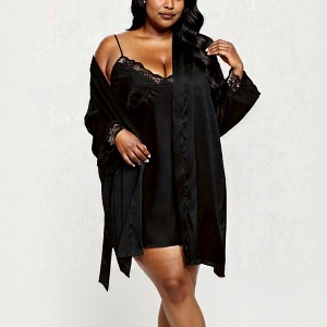 Anna-Kaci Lounge Women's PLus Size Satin Robe and Slip Set with Soft Lace Trim on Sleeves and Delicate Sheen - 1 of 4