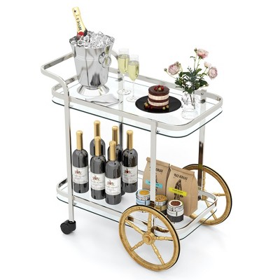 Tangkula 2-Tier Serving Cart w/ Tempered Glass Shelves 2 Large Aluminum Front Wheels