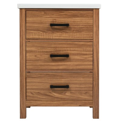 Vynxaria 48 inch Natural Wood Modern Single Sink Freestanding Bath Vanity with White Ceramic Top Three Full Extension Drawers Soft Close Doors