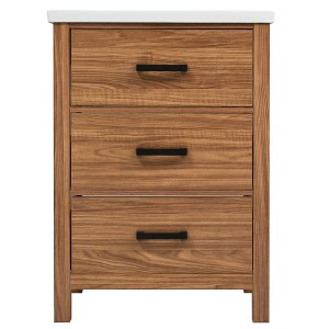 Vynxaria 48 inch Natural Wood Modern Single Sink Freestanding Bath Vanity with White Ceramic Top Three Full Extension Drawers Soft Close Doors - 1 of 4