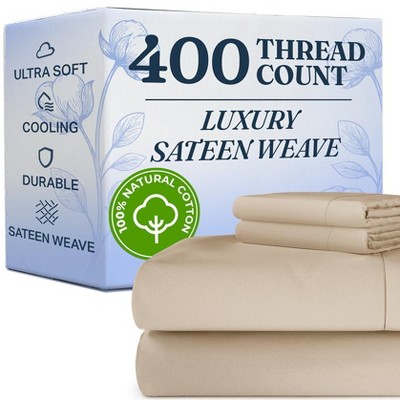 100% Cotton 400 Thread Count 4 Piece Sheet Set - Soft & Cozy Sateen Bed Sheets - CGK Linens