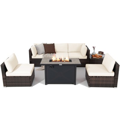 Tangkula 7PCS Patio Rattan Furniture Set Fire Pit Table Cover Cushion