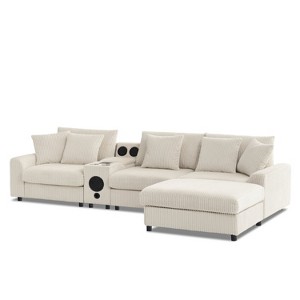 114*64" Modular Corduroy Sectional Sofa with Bluetooth Speakers, Storage, Charging Ports, and Ottoman - 1 of 4