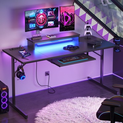 Bestier 63" Gaming Desk with LED Lights & Power Outlets, Computer Desk with Monitor Stand & Keyboard Tray for Home Office