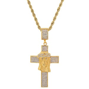 Steeltime 30" 18k Gold Plated Stainless Steel And Simulated Diamonds Cross/Jesus Face Pendant - 1 of 4