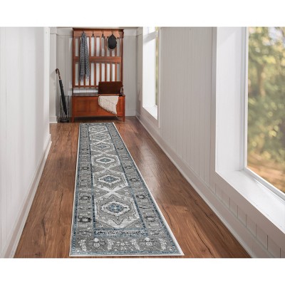 Vintage Gray and Blue Serape-Style Easy Care Rug 24in x 6in