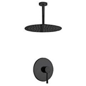 KubeBath Aqua Rondo Matte Black Shower Set w/ Ceiling Mount 8Inch Rain Shower Head - 1 of 4