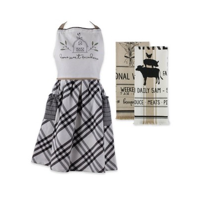 3pc Cotton Farm To Table Apron and Dishtowel Set Black/Beige - Design Imports