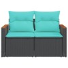 vidaXL Patio Sofa with Cushions - 2-Seater Outdoor Loveseat - Black Poly Rattan with Acacia Wood Armrest - Blue Cushions - 48.8"x24.4"x27.2" - 4 of 4