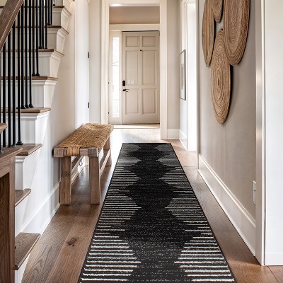 Black and White Synthetic Stripe Runner Rug, 2'7" x 12'