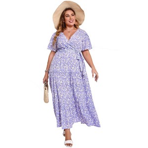 Coolmee Women Summer Maxi Dress Plus Size V Neck Wrap Floral Print Short Sleeves Ruffle Tiered Dress with Belt 2XLpurple white flowers - 1 of 4