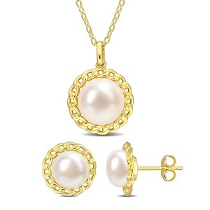 EVERLY JEWELRY | Yellow Plated Sterling Silver 8-9.5mm Cultured Freshwater Pearl 2-PC Stud Earrings and Pendant w/Chain Set - 1 of 4