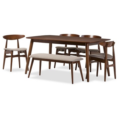 6pc Dining Set Flora Mid-Century Modern Finishing Wood Light Gray/Medium Brown - Baxton Studio