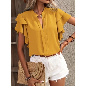 Womens Flowy Tunic Tops with Flutter Sleeve V Neck Tops Front Seam Short Sleeve Blouse Summer Casual Tops - 1 of 4