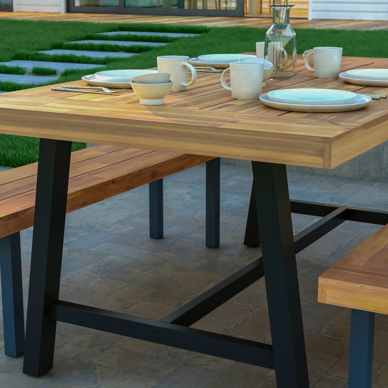 Emma and Oliver Natural Finish Solid Acacia Wood Dining Table with Black Metal Legs for Indoor and Outdoor Use, 3 of 11