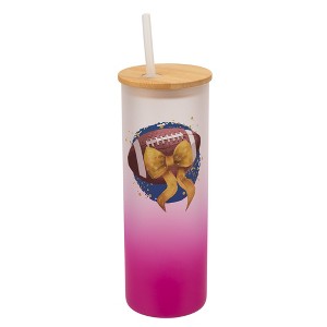Elanze Designs 25 Ounce Frosted Glass Gradient Travel Tumbler With Straw and Wooden Lid, Football With Gold Bow Pink - 1 of 1