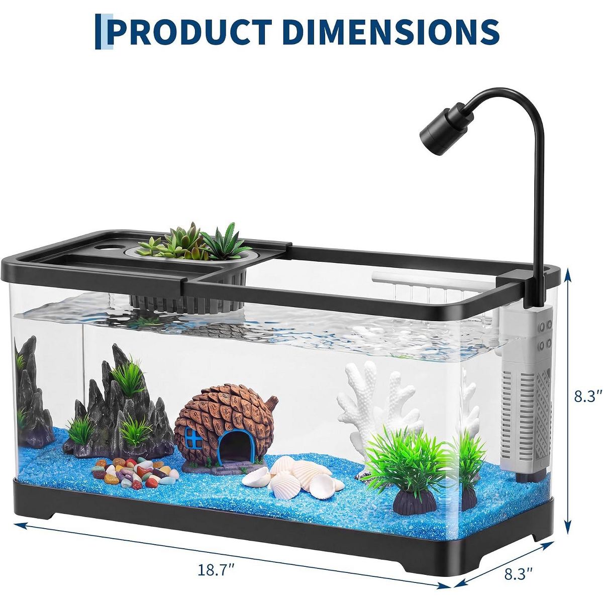 Small Plastic Fish Tank with Light & Filter, 8-Piece Kit, LED Light + Filter + Fish Net + Decor, for Desk Dorm Office - thumbnail 2