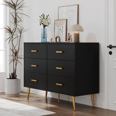Dresser for Bedroom, Modern Wood Dresser with 6 Wide Drawers, Gold Handles Storage Organizer Unit