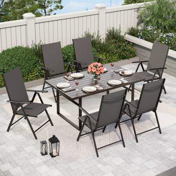 7pc Patio Dining Set - Faux Wood, Umbrella Hole, Foldable Reclining Chairs, Adjustable Backrest, Weather-Resistant - Captiva Designs