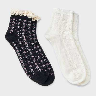 Women's Floral Lace and Pointelle 2pk Ankle Socks - Auden™ 4-10