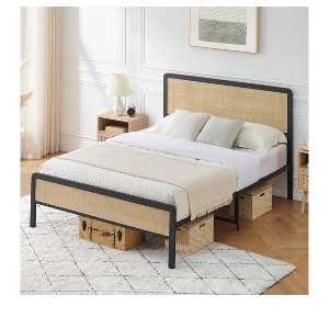 coucheta Boho Platform Bed Frame with Rattan Headboard, Heavy-Duty Metal Slat Support, Noise-Free Design, No Box Spring Needed, Easy Assembly - 1 of 4