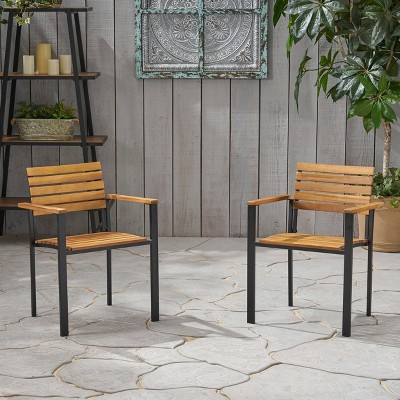 LOEHAVIT Set of 2 Acacia Wood & Metal Dining Chairs, Modern Outdoor Patio Chairs with Slat Design Sturdy Backyard Armchairs for Garden Deck Poolside