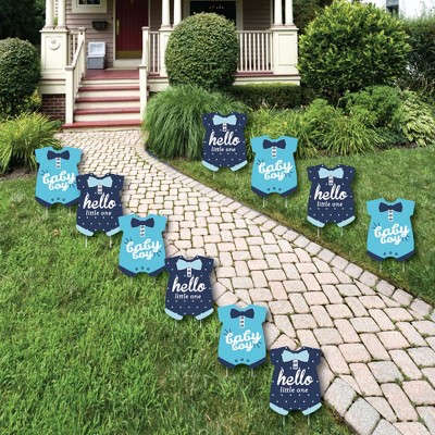 Big Dot of Happiness Hello Little One - Blue and Navy - Baby Bodysuit Lawn Decorations - Outdoor Boy Baby Shower Yard Decorations - 10 Piece