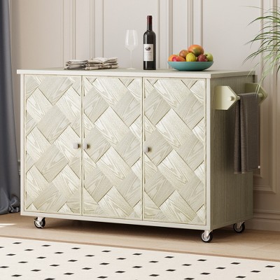 CLIHOME ASH Veneer Handwoven Rolling Kitchen Island with Drop Leaf, Coastal Kitchen Island with Internal Storage Rack