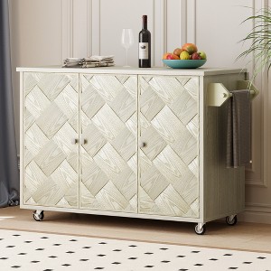 CLIHOME ASH Veneer Handwoven Rolling Kitchen Island with Drop Leaf, Coastal Kitchen Island with Internal Storage Rack - 1 of 4