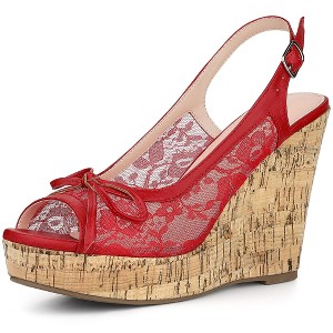 Allegra K Women's Casual Wood Platform Heels Bow Lace Wedge Sandals - 1 of 4
