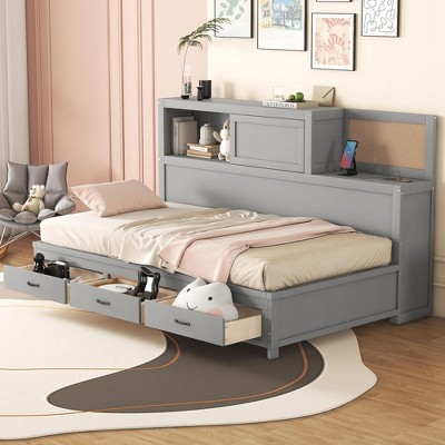 Twin/Full Size Wooden Daybed with 3 Storage Drawers, Upper Soft Board, Shelf, and a Set of Sockets and USB Ports - ModernLuxe