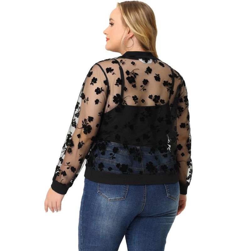 Agnes Orinda Women's Plus Size Bomber Mesh Sheer Floral Lace Long Sleeve Fashion Jackets, 4 of 7