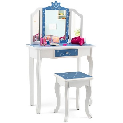 Tangkula Kid Vanity Set Wooden Makeup Table Stool Tri-Folding Mirror Snowflake Print